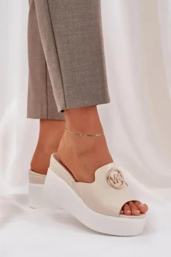 Klapki Na Koturnie|Klapki Na Platformie>Boto Klapki Na Platformie I Koturnie Z Ozdobą Jasnobeżowe Nanessia
