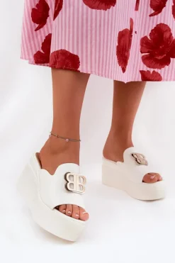 Clearance Klapki Na Platformie I Koturnie Z Ozdobą Białe Tanonea Damskie Klapki Na Koturnie|Klapki Na Platformie