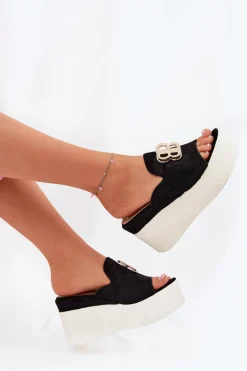 Sale Klapki Na Platformie I Koturnie Z Ozdobą Czarne Tanonea Damskie Klapki Na Koturnie|Klapki Na Platformie