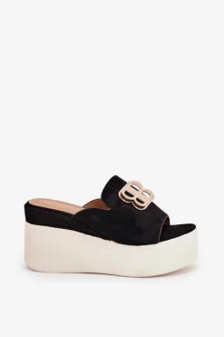Sale Klapki Na Platformie I Koturnie Z Ozdobą Czarne Tanonea Damskie Klapki Na Koturnie|Klapki Na Platformie