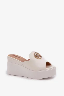 Discount Klapki Na Platformie I Koturnie Z Ozdobą Białe Nanessia Damskie Klapki Na Koturnie|Klapki Na Platformie