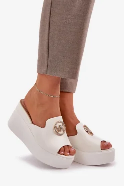 Discount Klapki Na Platformie I Koturnie Z Ozdobą Białe Nanessia Damskie Klapki Na Koturnie|Klapki Na Platformie