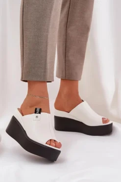 Outlet Boto Klapki Na Platformie I Koturnie Eko Skórzane Białe Eridoria