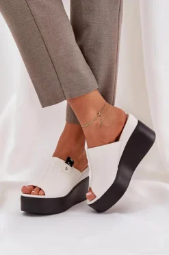 Outlet Boto Klapki Na Platformie I Koturnie Eko Skórzane Białe Eridoria