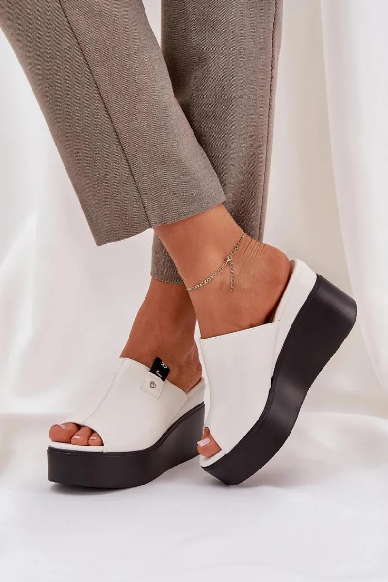 Outlet Boto Klapki Na Platformie I Koturnie Eko Skórzane Białe Eridoria