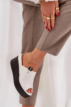 Outlet Boto Klapki Na Platformie I Koturnie Eko Skórzane Białe Eridoria