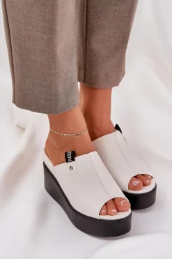 Outlet Boto Klapki Na Platformie I Koturnie Eko Skórzane Białe Eridoria