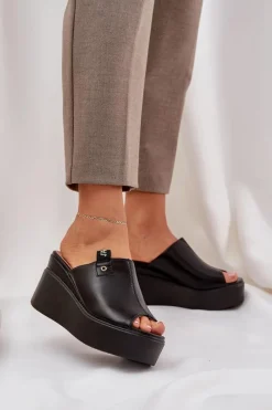 Klapki Na Koturnie|Klapki Na Platformie>Boto Klapki Na Platformie I Koturnie Eko Skórzane Czarne Eridoria