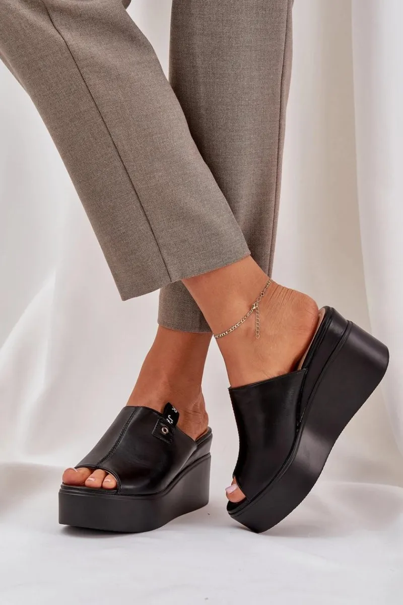 Klapki Na Koturnie|Klapki Na Platformie>Boto Klapki Na Platformie I Koturnie Eko Skórzane Czarne Eridoria