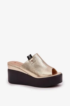 Klapki Na Platformie I Koturnie Eko Skórzane Złote Eridoria Damskie Klapki Na Koturnie|Klapki Na Platformie
