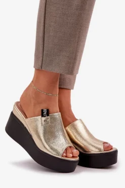 Klapki Na Platformie I Koturnie Eko Skórzane Złote Eridoria Damskie Klapki Na Koturnie|Klapki Na Platformie