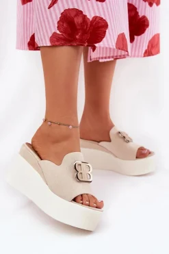Klapki Na Koturnie|Klapki Na Platformie>Boto Klapki Na Platformie I Koturnie Z Ozdobą Beżowe Tanonea Beżowy