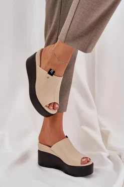 Outlet Klapki Na Platformie I Koturnie Eko Skórzane Beżowe Eridoria Damskie Klapki Na Koturnie|Klapki Damskie Klasyczne