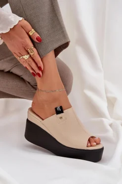 Outlet Klapki Na Platformie I Koturnie Eko Skórzane Beżowe Eridoria Damskie Klapki Na Koturnie|Klapki Damskie Klasyczne