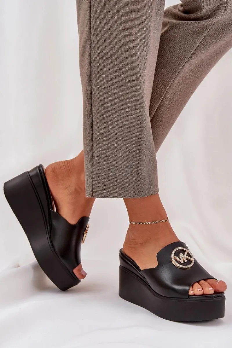 Hot Boto Klapki Na Platformie I Koturnie Z Ozdobą Czarne Nanessia