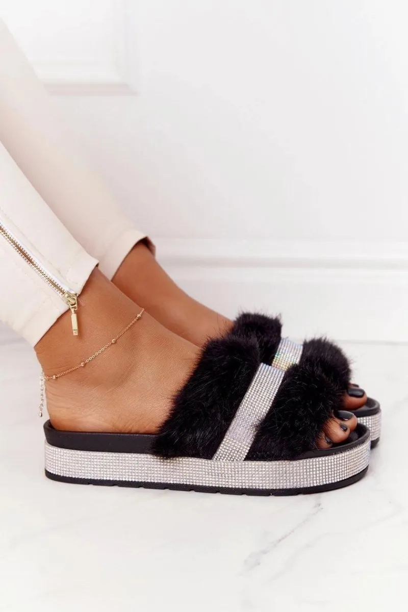 Klapki Z Futerkiem|Klapki Na Platformie>Boto Klapki Na Platformie Z Futerkiem I Cyrkoniami Czarne Impress