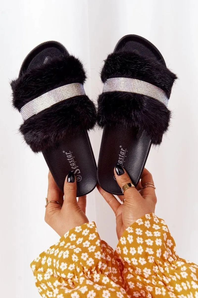 Klapki Z Futerkiem|Klapki Na Platformie>Boto Klapki Na Platformie Z Futerkiem I Cyrkoniami Czarne Impress