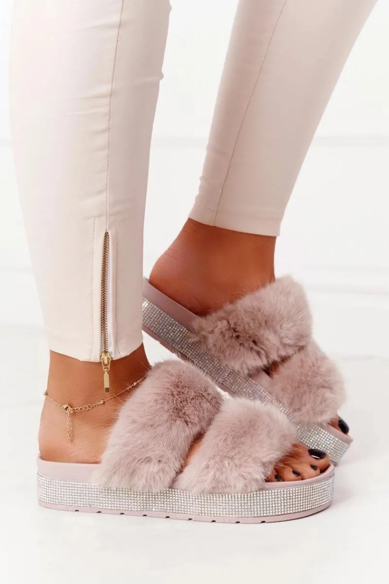 Outlet Boto Klapki Na Platformie Z Futerkiem I Cyrkoniami Beżowe Wow!