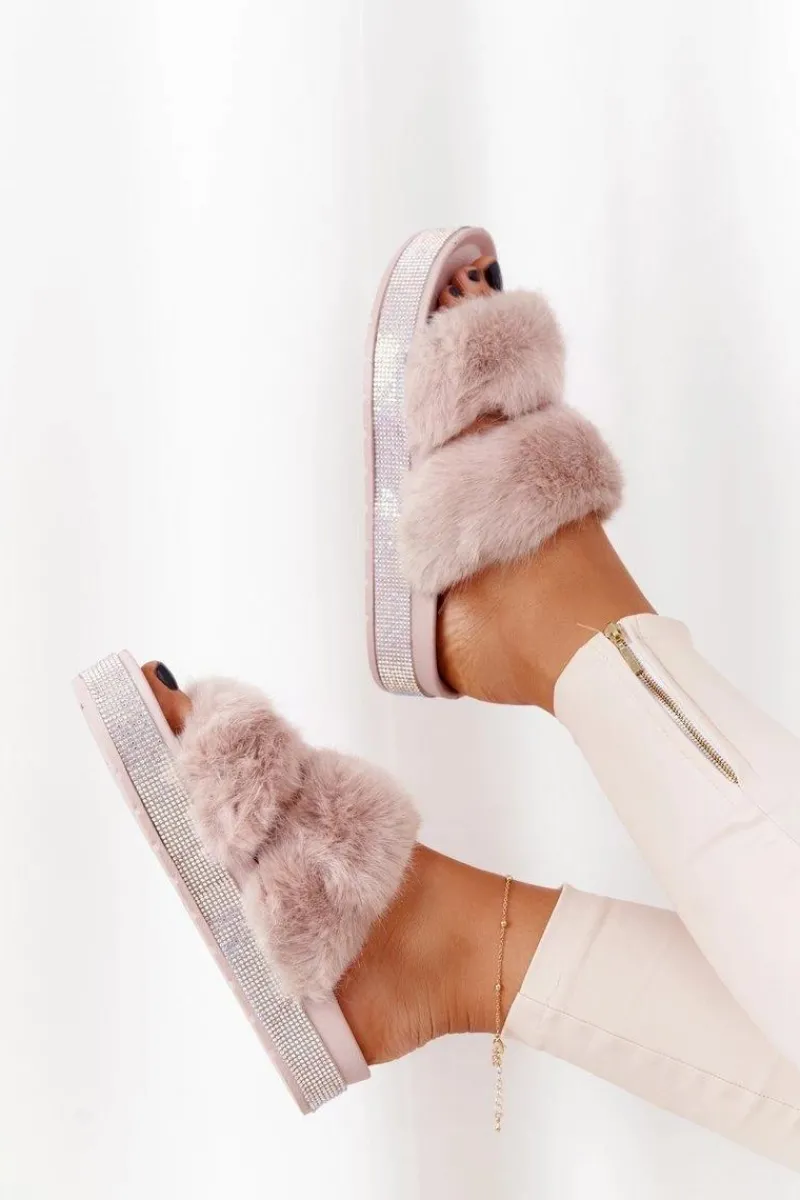 Outlet Boto Klapki Na Platformie Z Futerkiem I Cyrkoniami Beżowe Wow!