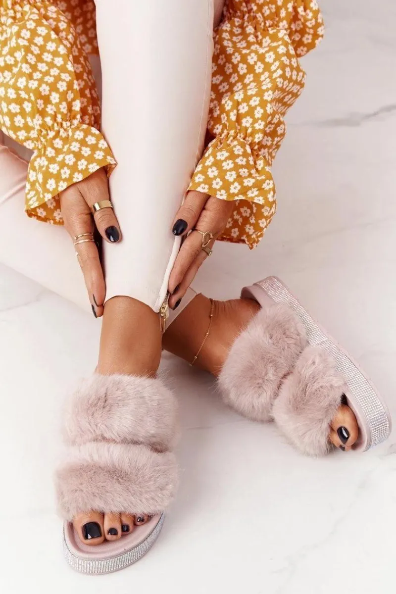 Outlet Boto Klapki Na Platformie Z Futerkiem I Cyrkoniami Beżowe Wow!