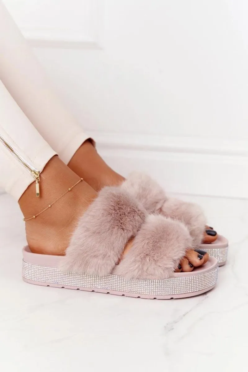 Outlet Boto Klapki Na Platformie Z Futerkiem I Cyrkoniami Beżowe Wow!