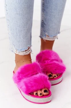 Klapki Z Futerkiem|Klapki Na Platformie>Boto Klapki Na Platformie Z Futerkiem I Cyrkoniami Fuksja Wow!