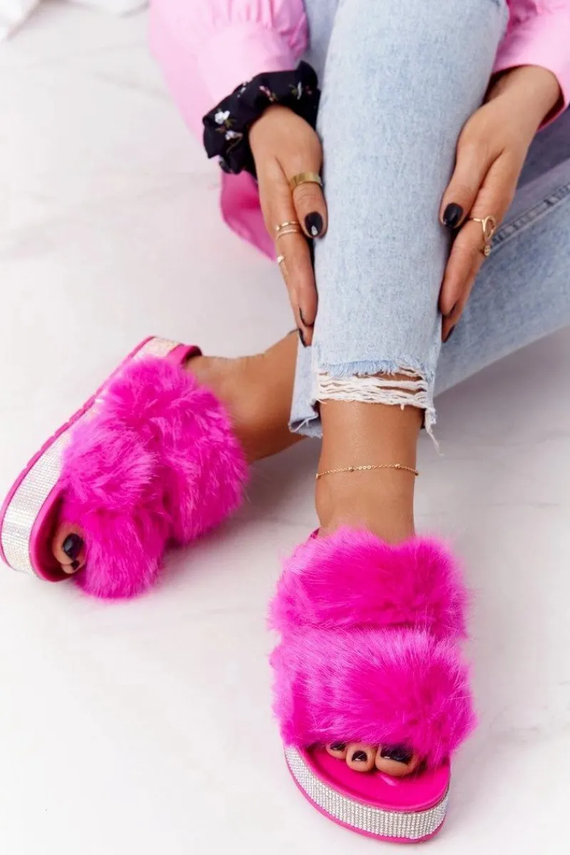 Klapki Z Futerkiem|Klapki Na Platformie>Boto Klapki Na Platformie Z Futerkiem I Cyrkoniami Fuksja Wow!