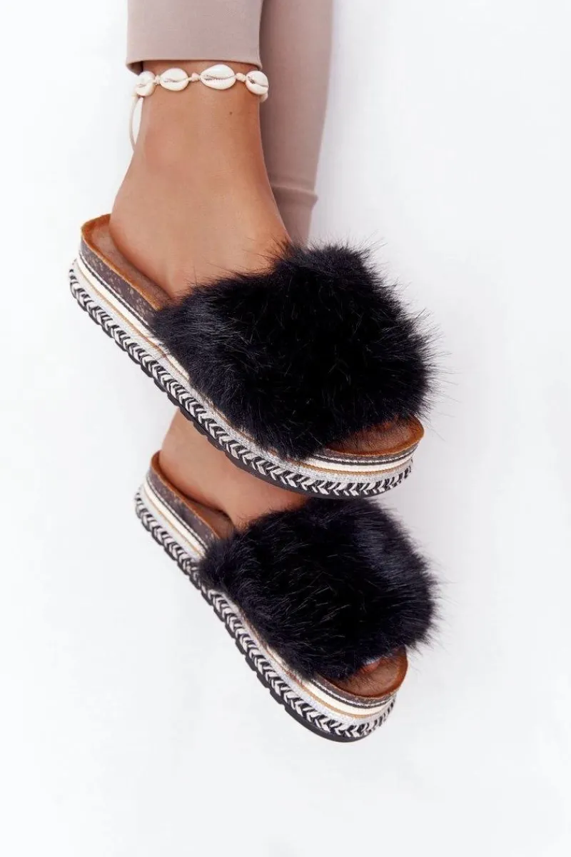 Clearance Boto Klapki Na Platformie z Futerkiem Czarne Adventure