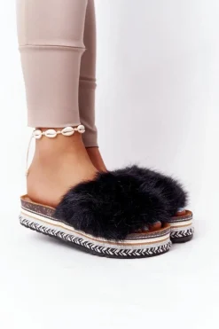 Clearance Boto Klapki Na Platformie z Futerkiem Czarne Adventure