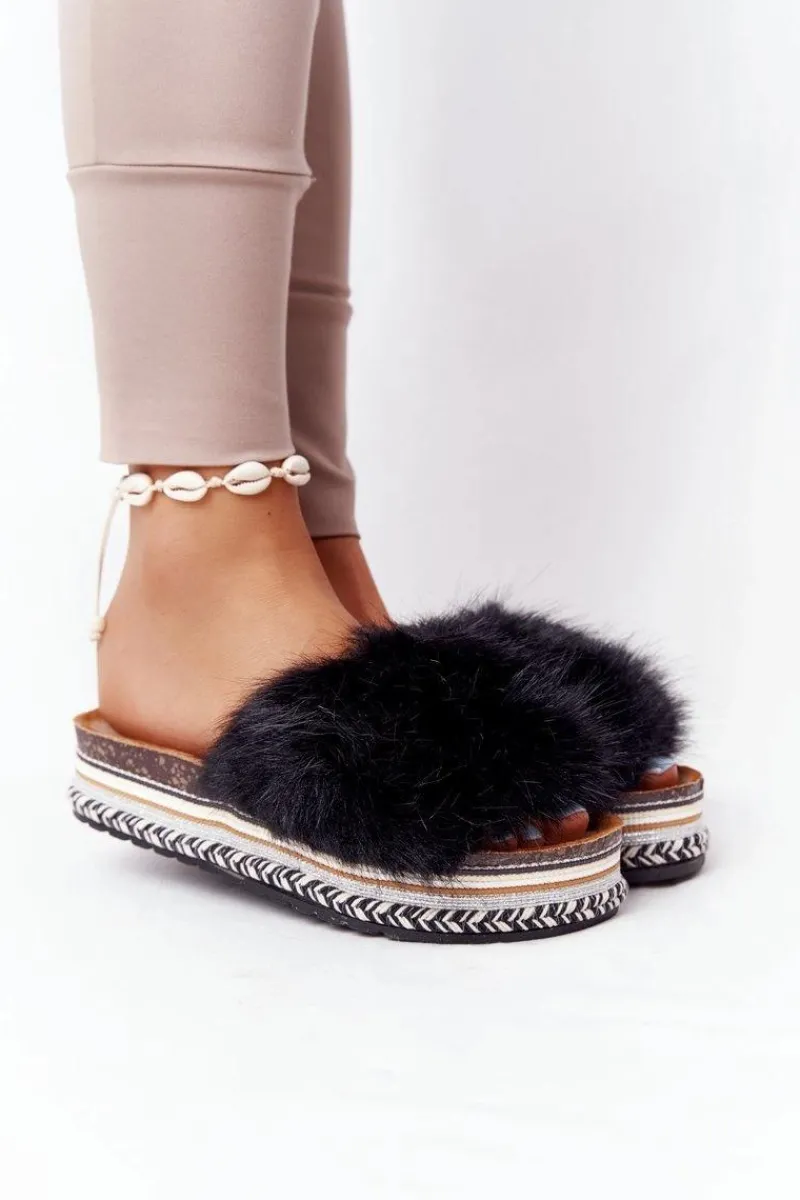 Clearance Boto Klapki Na Platformie z Futerkiem Czarne Adventure
