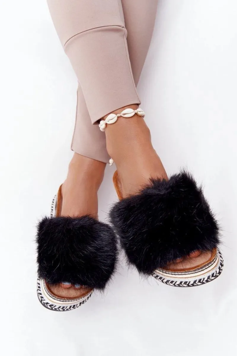 Clearance Boto Klapki Na Platformie z Futerkiem Czarne Adventure