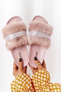 Outlet Klapki Na Platformie Z Futerkiem I Cyrkoniami Beżowe Impress Damskie Klapki Z Futerkiem|Klapki Na Platformie