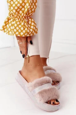 Outlet Klapki Na Platformie Z Futerkiem I Cyrkoniami Beżowe Impress Damskie Klapki Z Futerkiem|Klapki Na Platformie