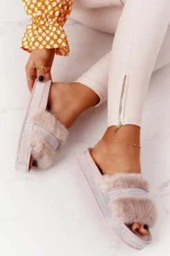 Outlet Klapki Na Platformie Z Futerkiem I Cyrkoniami Beżowe Impress Damskie Klapki Z Futerkiem|Klapki Na Platformie