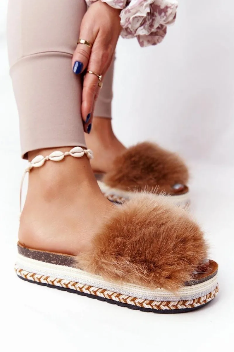 Hot Klapki Na Platformie z Futerkiem Camel Adventure Damskie Klapki Z Futerkiem|Klapki Na Platformie