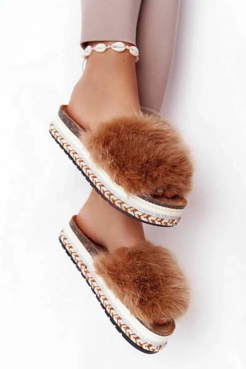 Hot Klapki Na Platformie z Futerkiem Camel Adventure Damskie Klapki Z Futerkiem|Klapki Na Platformie