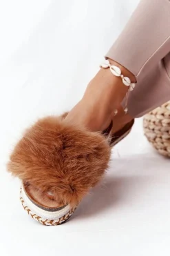 Hot Klapki Na Platformie z Futerkiem Camel Adventure Damskie Klapki Z Futerkiem|Klapki Na Platformie