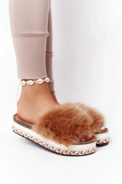 Hot Klapki Na Platformie z Futerkiem Camel Adventure Damskie Klapki Z Futerkiem|Klapki Na Platformie