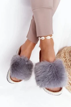 Klapki Na Platformie z Futerkiem Szare Adventure Damskie Klapki Z Futerkiem|Klapki Na Platformie