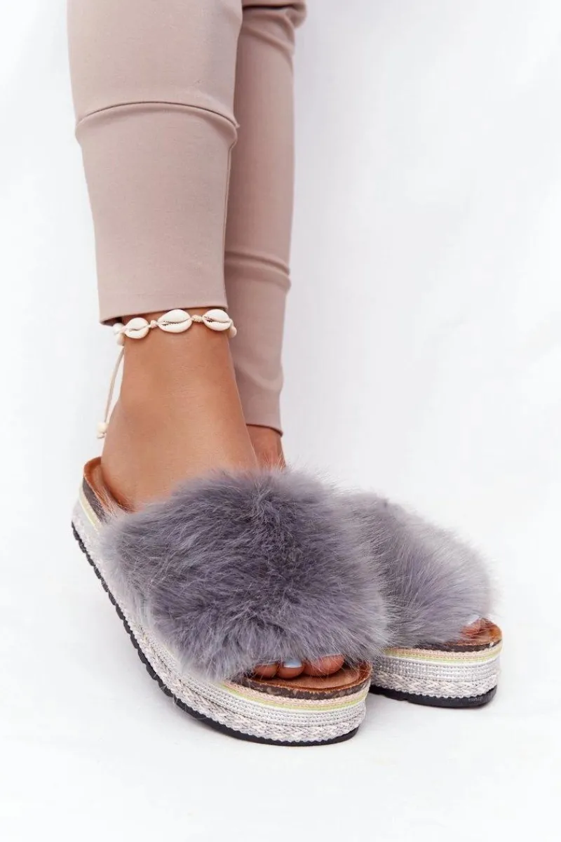 Klapki Na Platformie z Futerkiem Szare Adventure Damskie Klapki Z Futerkiem|Klapki Na Platformie