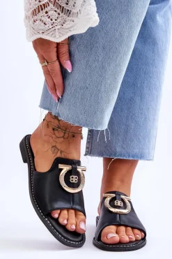 Sale Klapki Skórzane Comfort Shoes S.Barski KV-2775-32 Czarne Damskie Klapki Damskie Klasyczne