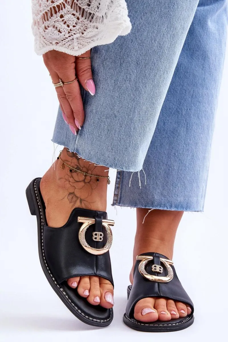 Sale Klapki Skórzane Comfort Shoes S.Barski KV-2775-32 Czarne Damskie Klapki Damskie Klasyczne