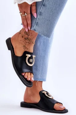 Sale Klapki Skórzane Comfort Shoes S.Barski KV-2775-32 Czarne Damskie Klapki Damskie Klasyczne