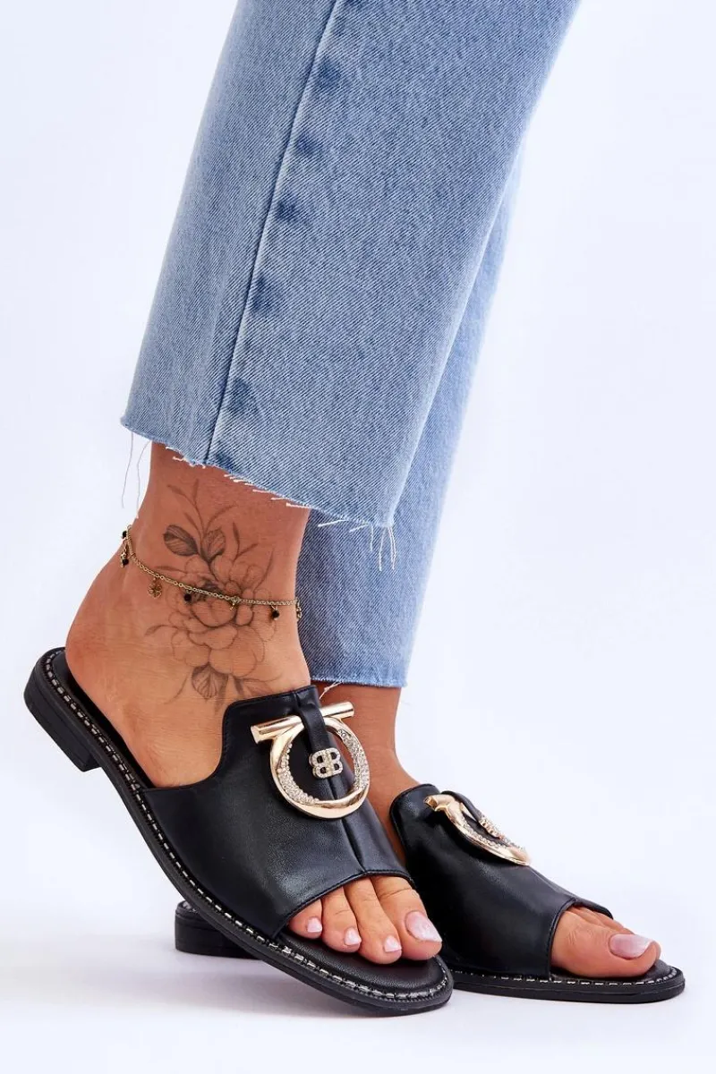 Sale Klapki Skórzane Comfort Shoes S.Barski KV-2775-32 Czarne Damskie Klapki Damskie Klasyczne