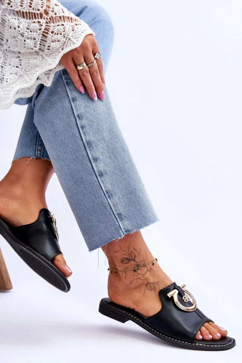 Sale Klapki Skórzane Comfort Shoes S.Barski KV-2775-32 Czarne Damskie Klapki Damskie Klasyczne