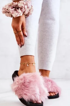 New Klapki Z Futerkiem Gumowe Różowe Pollie Damskie Klapki Z Futerkiem|Klapki Damskie Klasyczne