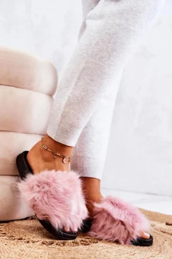 New Klapki Z Futerkiem Gumowe Różowe Pollie Damskie Klapki Z Futerkiem|Klapki Damskie Klasyczne