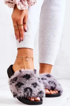 Klapki Z Futerkiem|Klapki Damskie Klasyczne>Boto Klapki Z Futerkiem Gumowe Panterka Szare Noelle