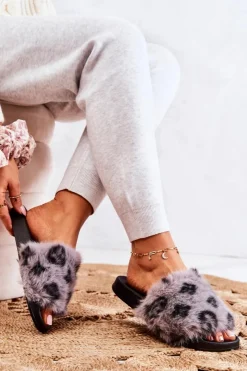 Klapki Z Futerkiem|Klapki Damskie Klasyczne>Boto Klapki Z Futerkiem Gumowe Panterka Szare Noelle