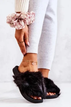 Klapki Z Futerkiem|Klapki Damskie Klasyczne>Boto Klapki Z Futerkiem Gumowe Czarne Pollie Czarny